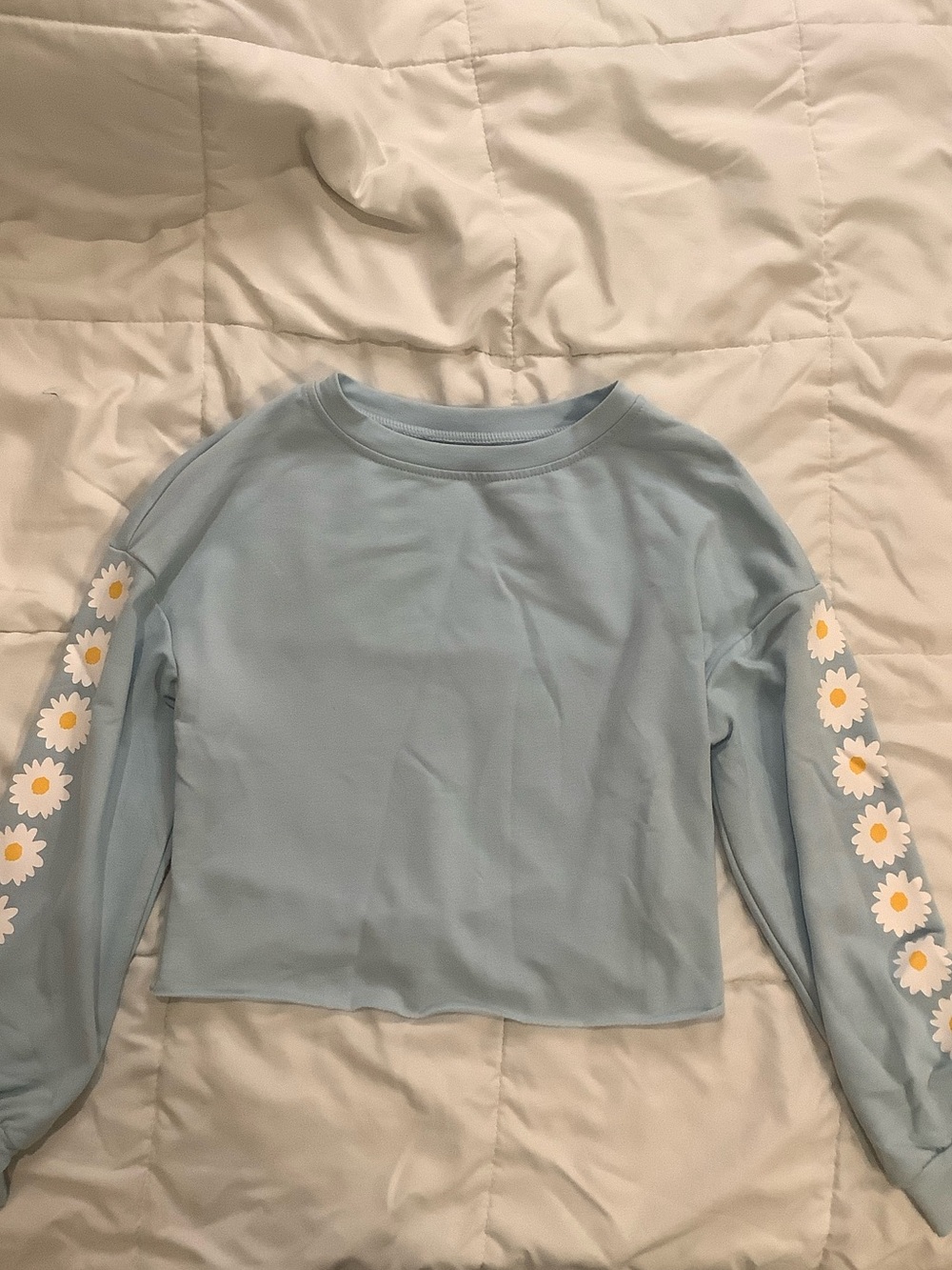 Light Blue Cropped Long-Sleeve Top with Daisy Sleeve Detail
